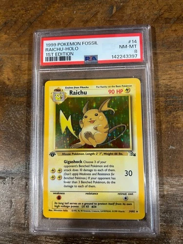 Pokemon 1999 Fossil 1st Edition RAICHU Holo #14 PSA 8 RARE