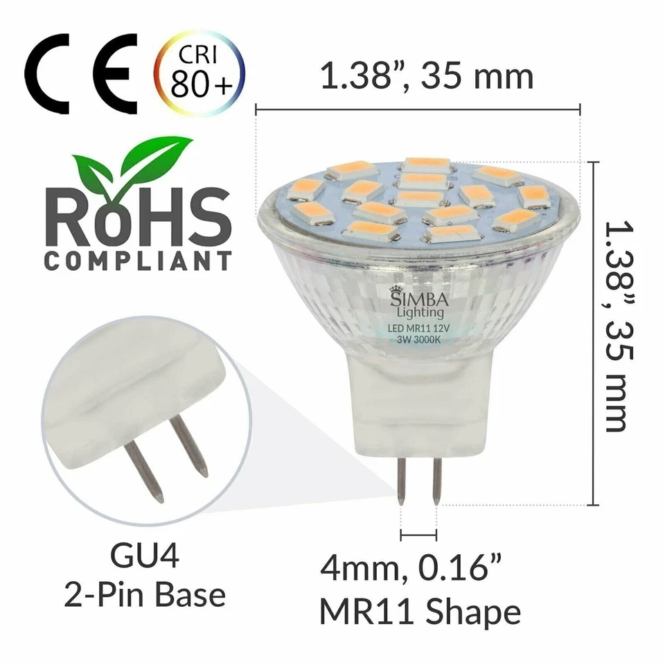 [Paquete de 10] LED MR11 3W 20W 12V Halógeno Repuesto GU4 Bi-Pin 3000K Blanco Suave Foto 2 de 4