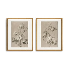 Framed Canvas Wall Art Vintage Print Set of 2 Neutral Floral Paintings Muted ...