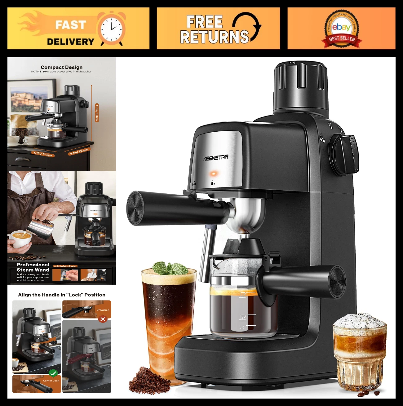 Compact 3.5Bar Espresso Machine with Milk Frother, 800W, 4 Cup Cappuccino Maker,