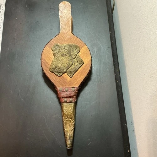 Antique Fireplace Bellows Wood Leather Brass Vintage Terrier Dog