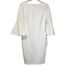 NEW Calvin Klein 4 White Bell Sleeve Sheath Dress Classic Career Minimalist