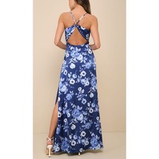 NWT Lulus Wondrous Allure Navy Blue Floral Satin Backless Maxi Dress Large