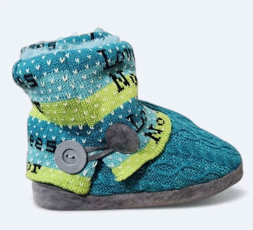 MUK LUKS Women’s Small 5/6 Aqua Cable Knit Boot Slippers "Love Sees No Color" - Image 3 of 4
