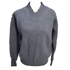 HELMUT LANG V-Neck 100 Italian Lambs Wool Sweater Gray Distressed Size Small