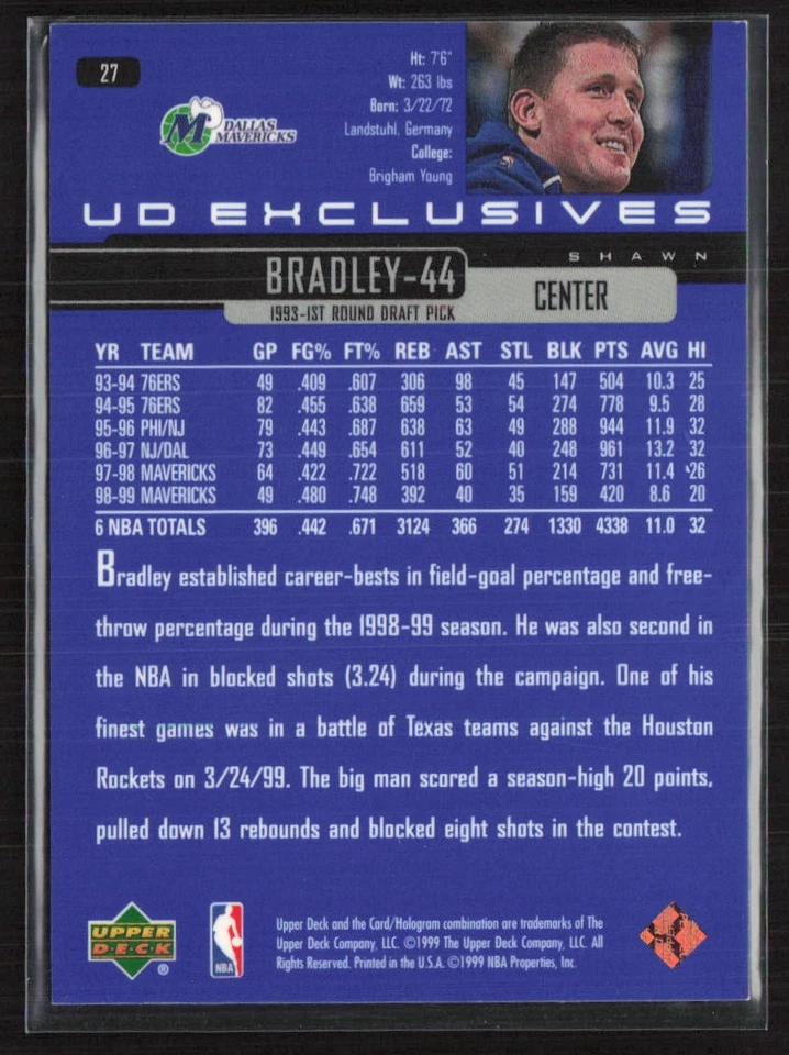 1999-00 Upper Deck UD Exclusives #/100 Shawn Bradley #27 Dallas Mavericks - Image 2 of 2