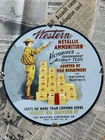 VINTAGE 1938 WESTERN METALLIC AMMUNITION 12 INCH PORCELAIN ENAMEL SIGN