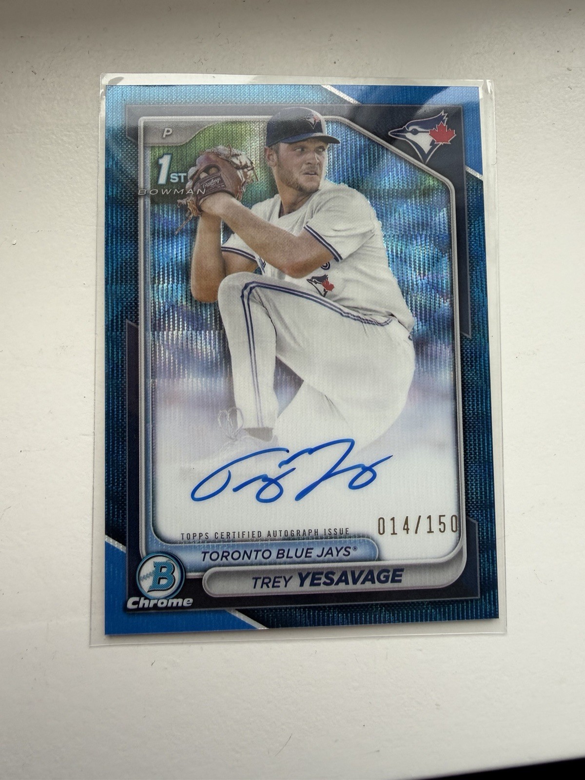 Trey Yesavage 2024 Bowman 1st Chrome Autographs Blue Wave /150 Blue Jays