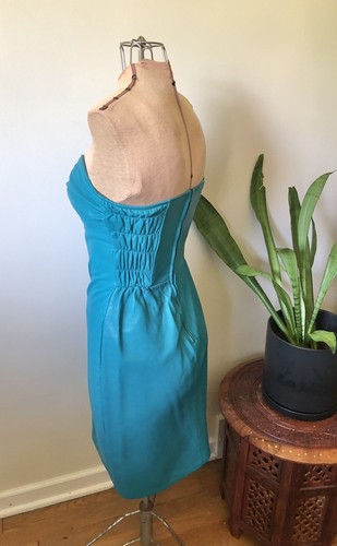 Vintage 90’s Turquoise Leather Hugo Buscati Wiggle Dress, XS/S - Picture 5 of 11
