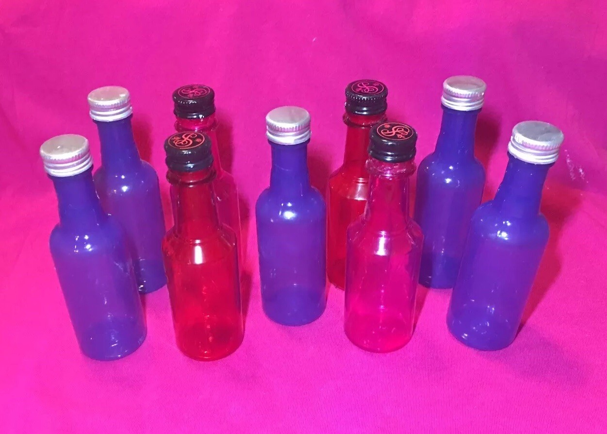 LOT OF 9-50ml Mini Empty Plastic Alcohol Liquor Bottles - Red & Blue Bottles