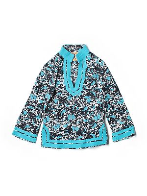 Girl Tory Burch Blue Geometric Rabbits Spring Fall Tunic Top Size Small (4/6)