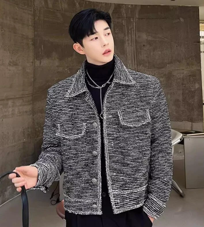 ジャケット・アウター led.tokyo HIGH NECK WOOL SHORT COAT Stripe Men's Short Coat Lapel Jacket Long Sleeve Casual