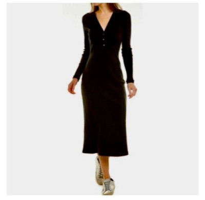 James Perse Black V-Neck Henley Long Dress Sz 2, Medium
