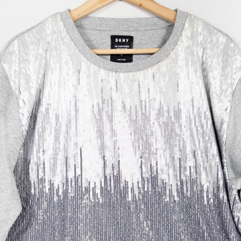 Moletom feminino DKNY The Everywhere XL cinza prata lantejoulas pulôver casual chique - Imagem 2 de 4
