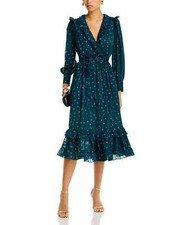 $128 Aqua Women's Ruffle Trim Clip Dot Midi Wrap Dress, Green, Medium