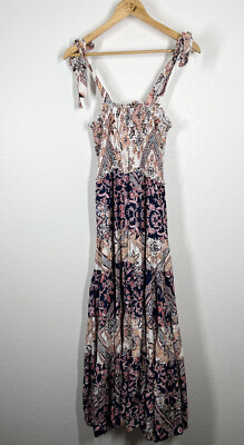 Abel The Label Maxi Dress Small Smocked Tie Straps Tiered Floral Boho Anthro