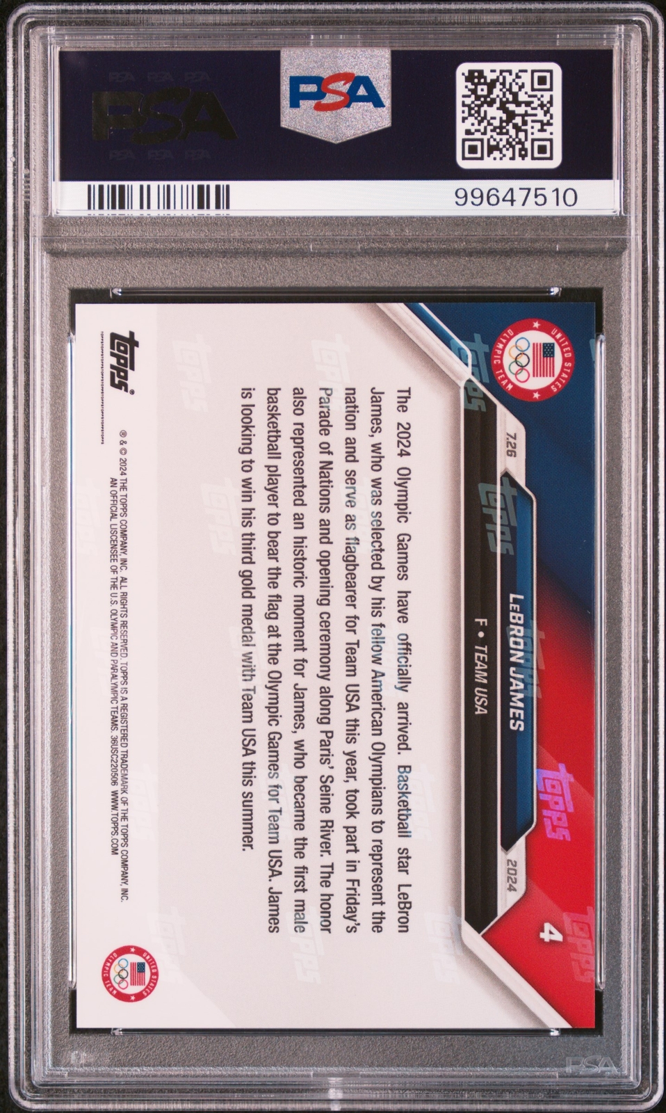 2024 TOPPS NOW OLYMPIC GAMES #4 LEBRON JAMES PSA 10 view 2