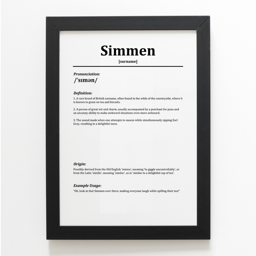 A3 PRINT Simmen Funny Humorous Family Surname Definition UK