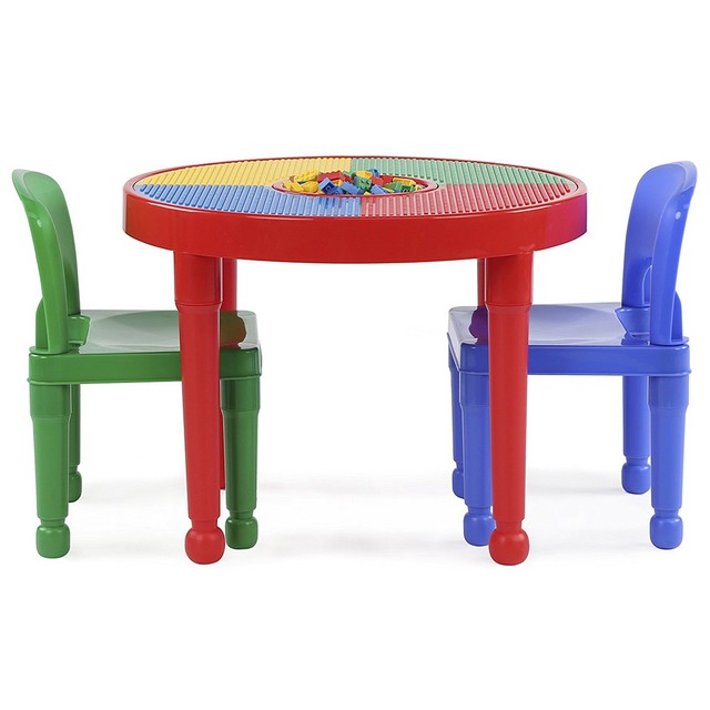 Round Plastic Construction Child Table 2 Chairs Play Kids Dining Building Blocks