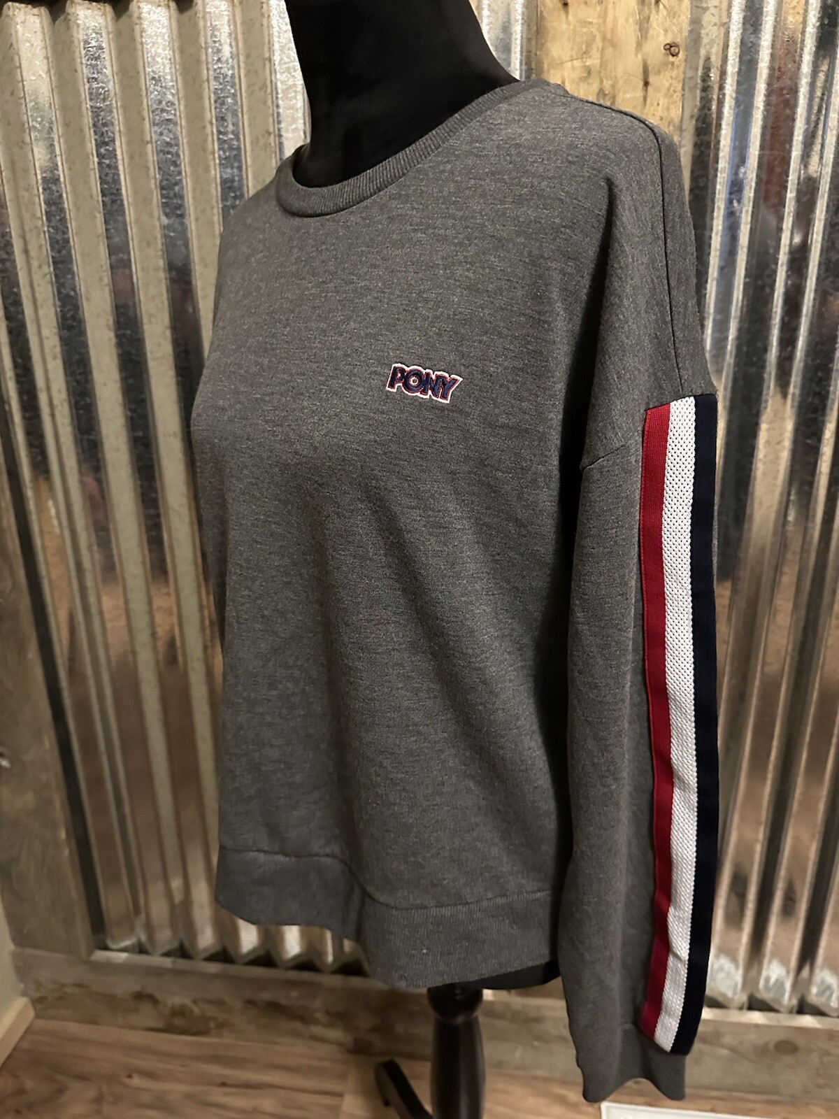 Felpa PONY donna maniche grandi a righe grigio pullover nautica atletica