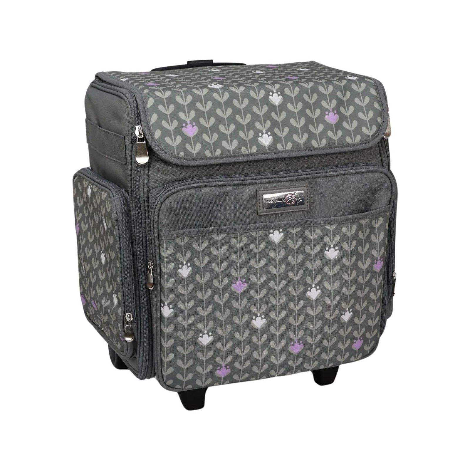 Grey/Purple Rolling Tote Bag, 2 Wheel Trolley Bag for Sewing/Crafts