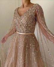 Elegant Evening Dress Shiny Women's Beaded Crystal A-Line Glitter Party Gown