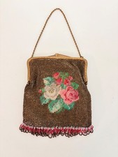 Art Deco 1920s Micro Beaded Floral Purse Fringe Mirror Chain Flapper Evening Bag