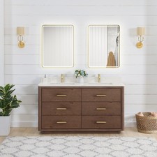 Porto 60M" Aged Dark Brown Oak Double Bath Vanity with Fish Maw White Quartz