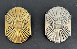 Small Brass & Pewter Tone Metal Belt Buckle Art Deco Sunburst Shell Geometric