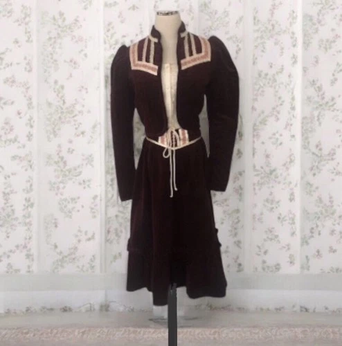 Vtg 70s Gunne Sax by Jessica Prairie Festival Velvet Jacket Skirt Blouse Size 9