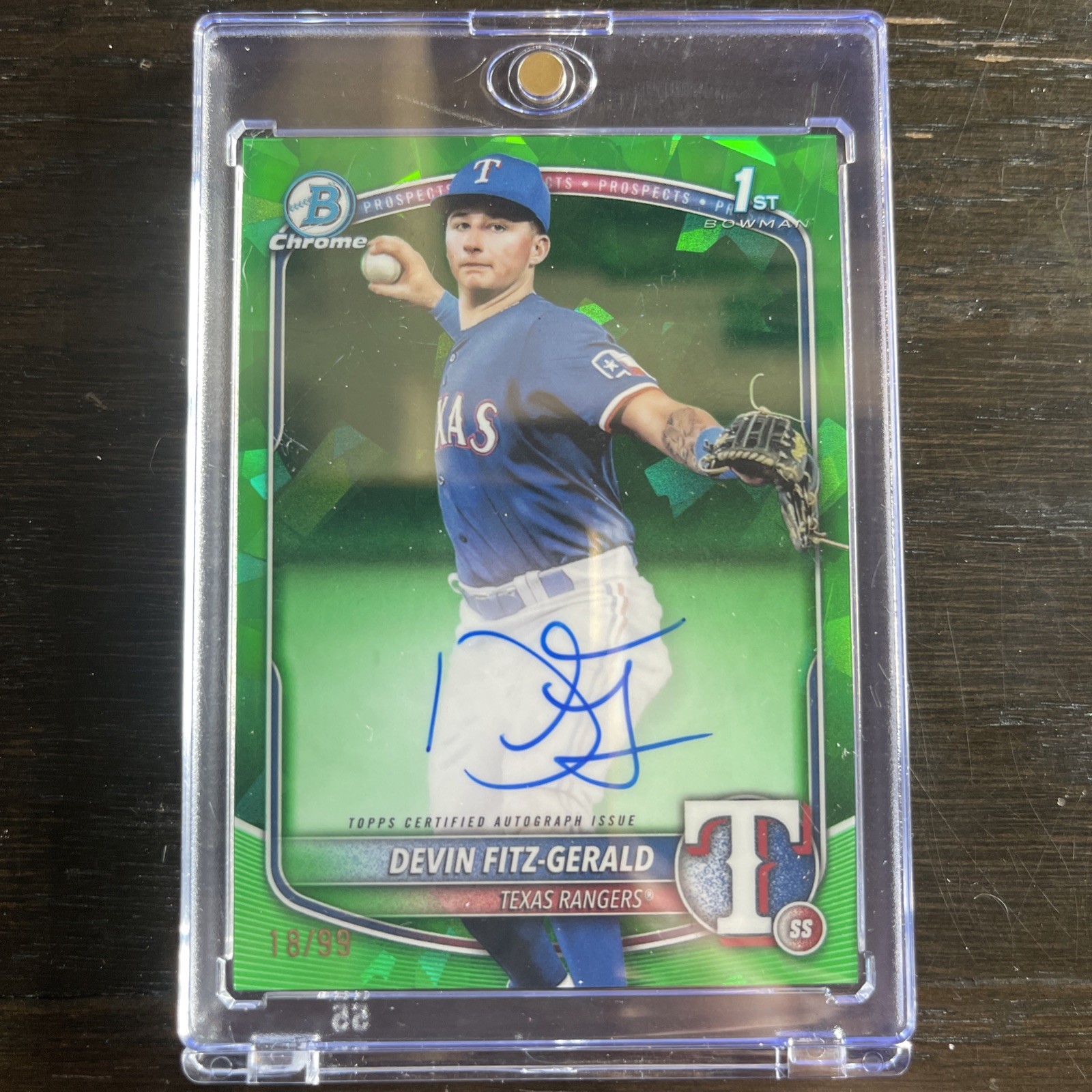 DEVIN FITZ-GERALD 2025 BOWMAN CHROME SAPPHIRE 1ST GREEN AUTO 18/99 Texas Rangers