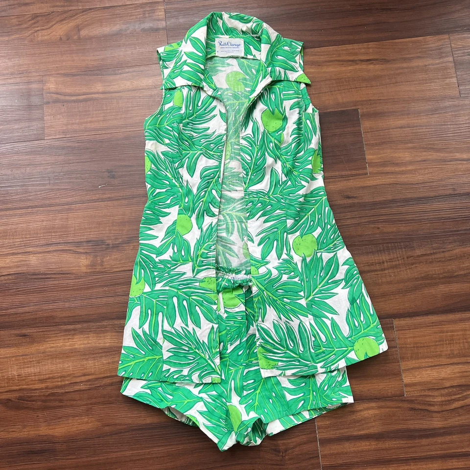 Vintage Ruth Clarage Green Palm Leaves + Lime Tunic + Hot Shorts Resort Set XS - Image 2 of 4