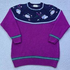 VTG Silvercord Sweater Women's M Purple Floral Knit Crew Pullover Grandmacore