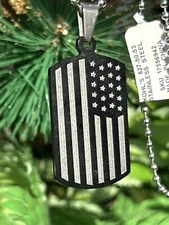 Stainless Steel USA Flag Dog Tag Necklace Black Grey 22” Ball Chain NWT
