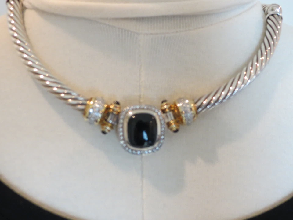 David Yurman Sterling Silver & 18K Gold Necklace Pendant Onyx Earrings appraisal - Image 3 of 4
