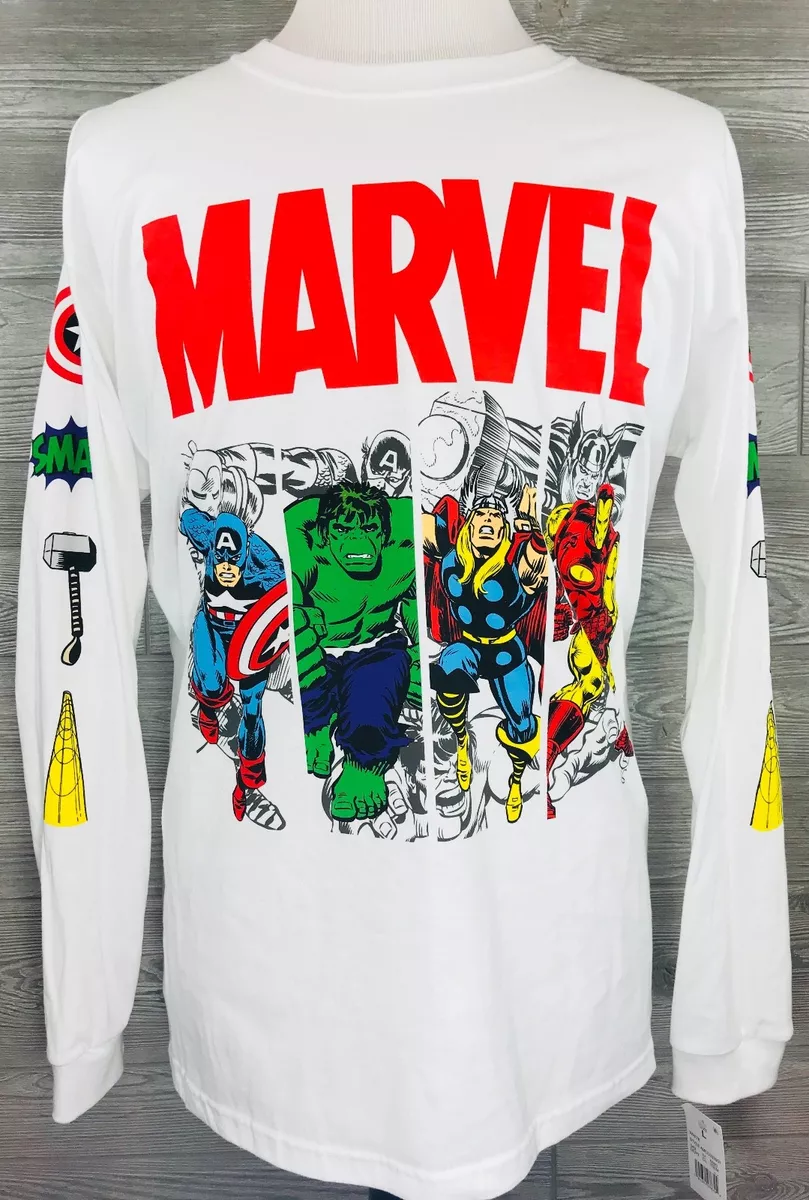 Marvel Avengers White Long Sleeve T-Shirt Iron Man Hulk Thor Captain  America | eBay