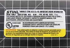Stihl MS 440 Chainsaw Emissions Label Stihl Label # 1128 967 3501, # 11289673501