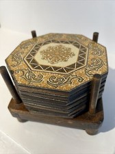 Vintage Wood Coaster Set Octagon Handmade Gold Brown Vinyl Top 1970s 7pc holder