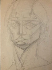 Dessin ancien 1950 cubiste Old Mine De Plomb Femme Art cubisme Tête Buste Crayon