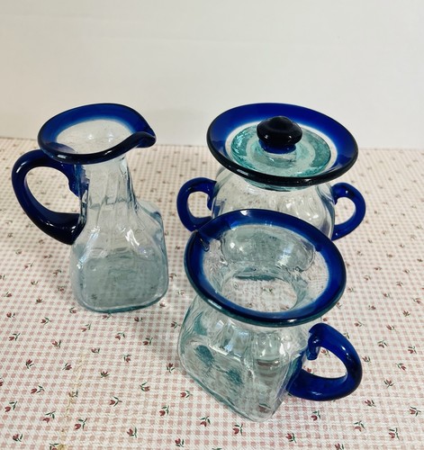 Set cremiera e zucchero messicano blu cobalto bordo bolla vetro soffiato a mano ~ vinaigrette - Foto 2 di 24