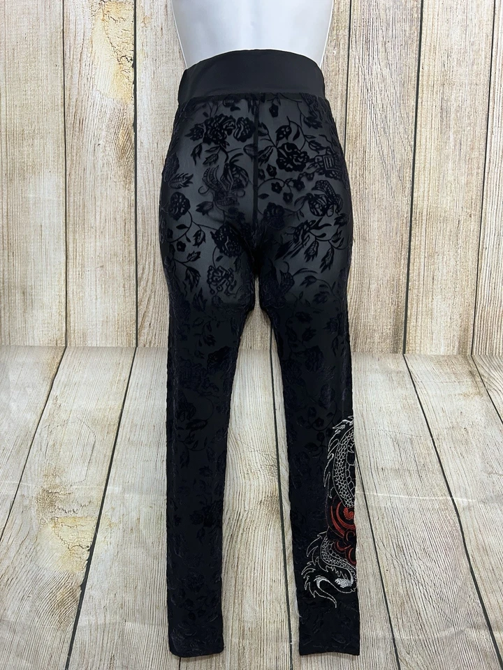 Mujeres Leggings Terciopelo Transparente Burn Out XS Negro Dragón Bordado Gótico Emo Punk Foto 2 de 4