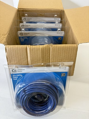 4 of Commercial Electric 25 ft Cat5e Patch Cords Blue New In Box Total Of 100ft - 第 1/5 張圖片