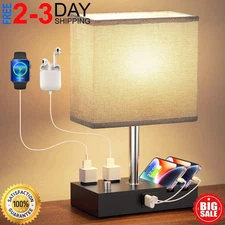 Fully Dimmable Table Lamp Bedside Lamp with 2 USB Ports 2 Outlets 2 Phone Stands