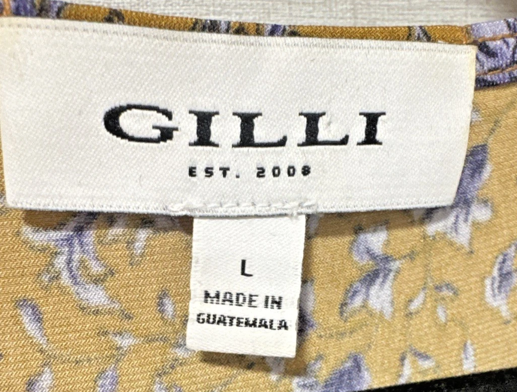 VETEMENTS Gilli Vestito Donna Taglia Large Giallo Oro Blu Floreale Maniche 3 4 Midi