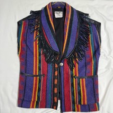VTG Pioneer Wear Vest Wool  Leather Fringe Vest Navajo Chimayo 80  Striped XL