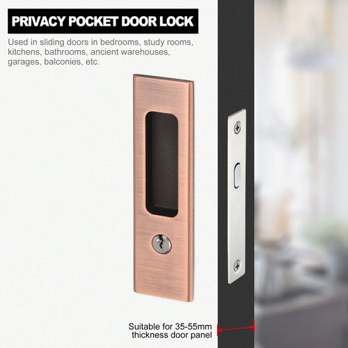Sliding Door Lock Invisible Recessed Handle Latch Privacy Pocket Hardware Copper - Picture 7 of 8