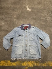 Vintage Denim Chore Jacket Distressed Corduroy Collar Medium Barn Blanket Lined