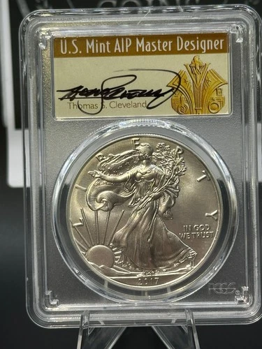 2017 Silver Eagle PCGS MS70 First Day of Issue Cleveland Signed Designer Label