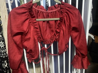 Small Dark Cherry Red Textured Bolo Three-Quarter Sleeve Ruffle Tie 3/4