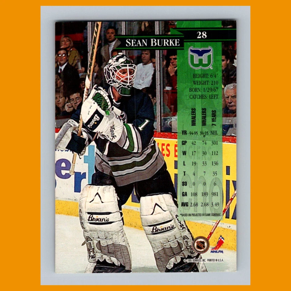 Sean Burke #28 1995 Donruss Hartford Whalers Hockey Card NHL NM - Image 2 of 3